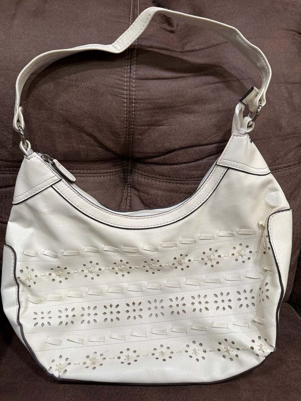 Hollywood White Leather Floral Cut Outs Shoulder Bag Purse Handbag